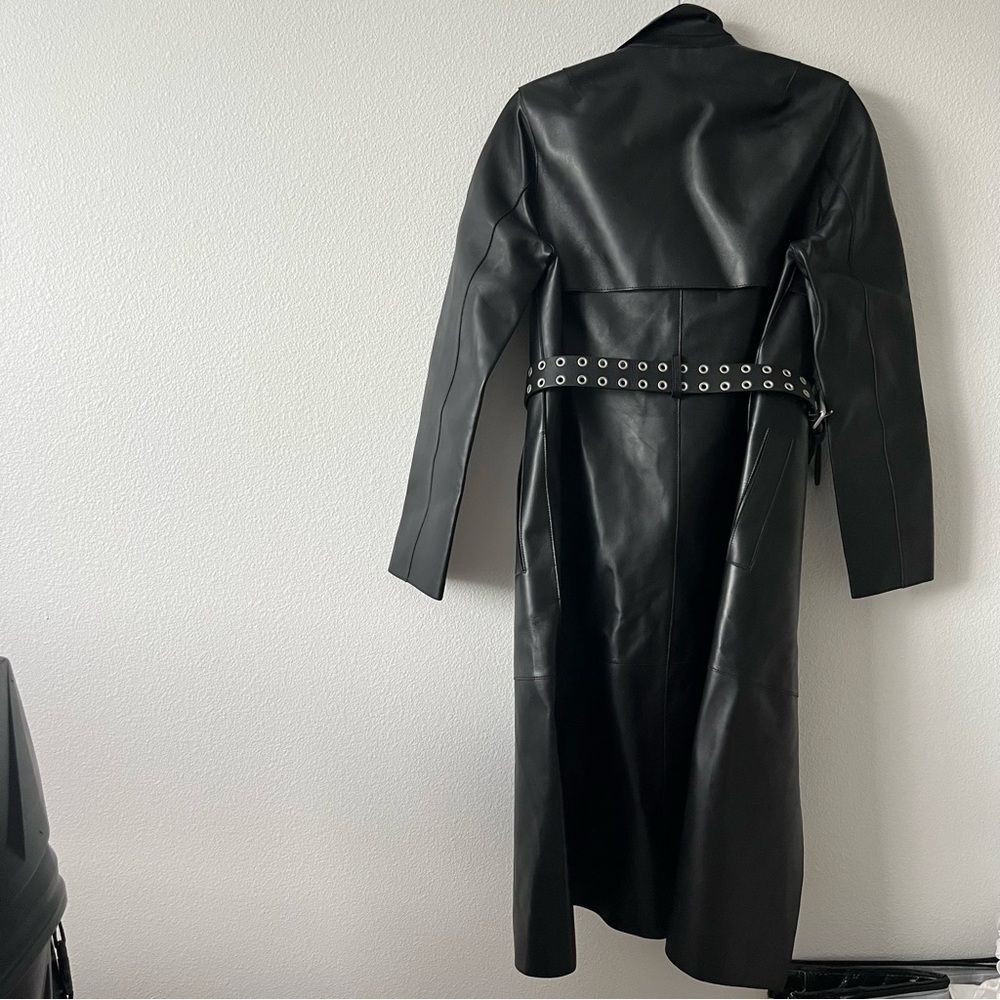All Saints Farren Leather Belted Long Black Trench Coat Goth Grunge Moto 6 NEW - Picture 6 of 16